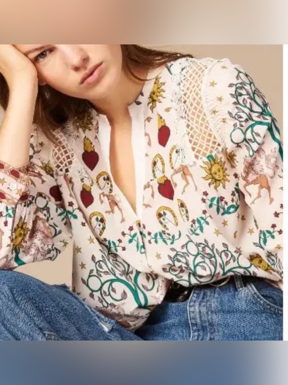 Sandro Paris Celestial Horse Sacred Heart Print Lace Blouse Size 1